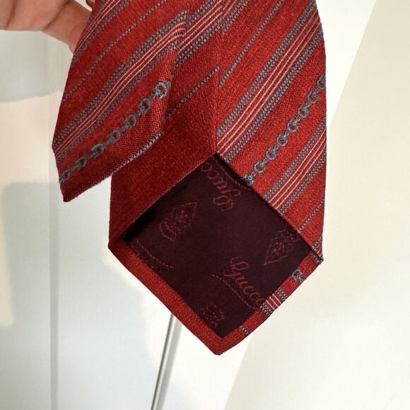 GUCCU Silk Linen Red Blue Stripe Horsebit Men's Tie Necktie Vintage GG Logo - Picture 6 of 6